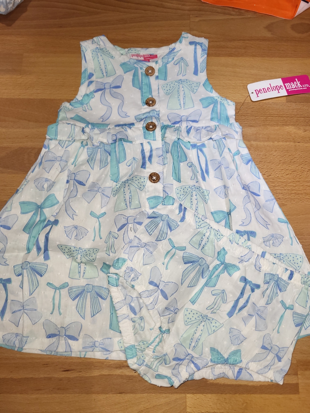 Penelope Mack White Dress with Blue & Aqua Bow Print & Bloomers Girls 18 Months